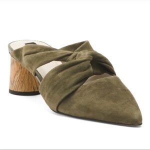 Sanctuary Sunset 2.0 Mossy Green Suede Bow Mule Heels 8.5 NIB Woodgrain Heel ECO